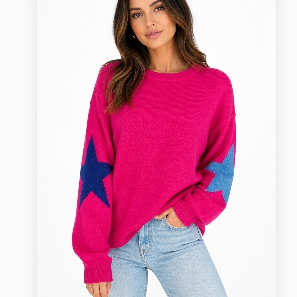 She + Sky Pink Sweater XS Soft Knit Crewneck‎ Casual Chic Top Mystical Star Girl